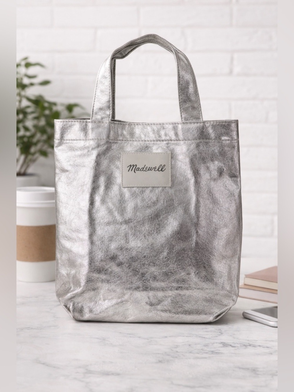 Madewell Silver Metallic Mini Tote Bag Shiny Shopper Y2K Trend